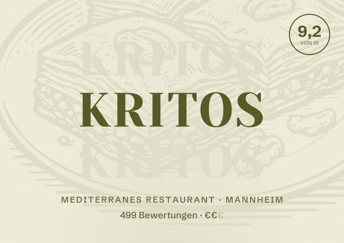 Illustriertes Poster von Kritos, Mediterranes Restaurant in Mannheim: Bewertung 9,2 von 10 aus 499 Bewertungen, Preisniveau €€