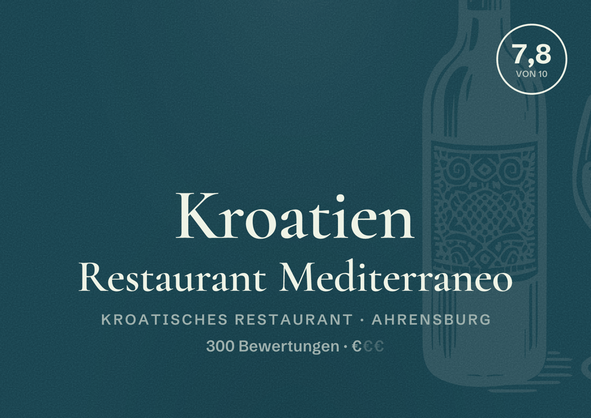 Illustriertes Poster von Kroatien Restaurant Mediterraneo, Kroatisches Restaurant in Ahrensburg: Bewertung 7,8 von 10 aus 300 Bewertungen, Preisniveau €