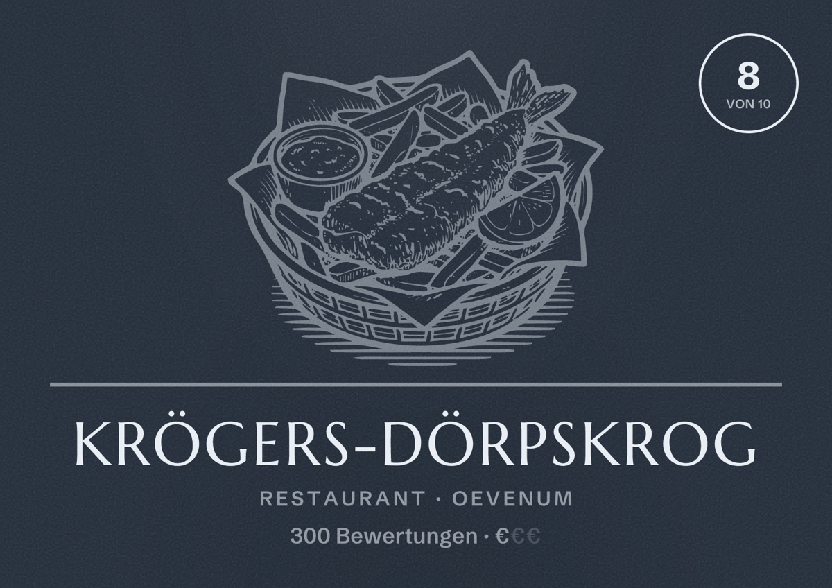 Illustriertes Poster von Krögers-Dörpskrog, Restaurant in Oevenum: Bewertung 8 von 10 aus 300 Bewertungen, Preisniveau €