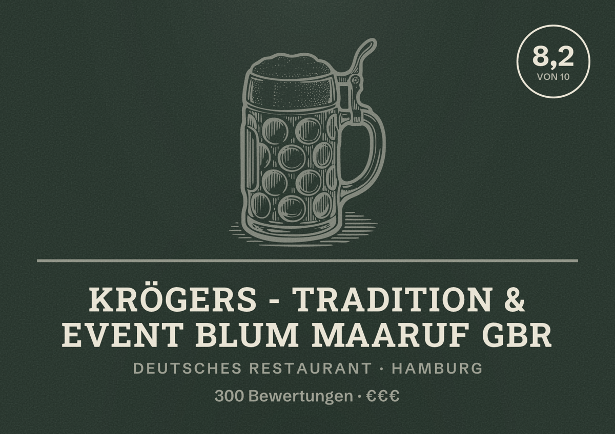 Illustriertes Poster von Krögers - Tradition & Event Blum Maaruf GBR, Deutsches Restaurant in Hamburg: Bewertung 8,2 von 10 aus 300 Bewertungen, Preisniveau €€€