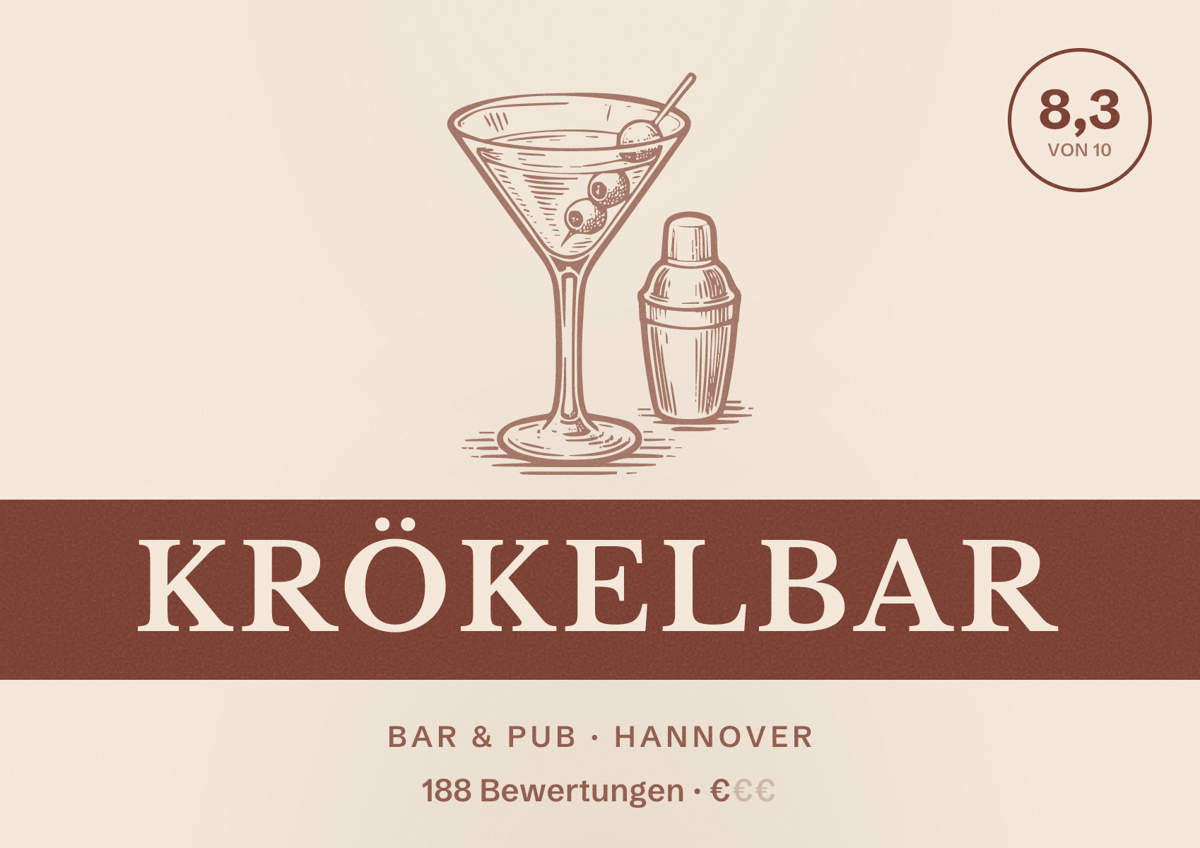 Illustriertes Poster von Krökelbar, Bar & Pub in Hannover: Bewertung 8,3 von 10 aus 188 Bewertungen, Preisniveau €