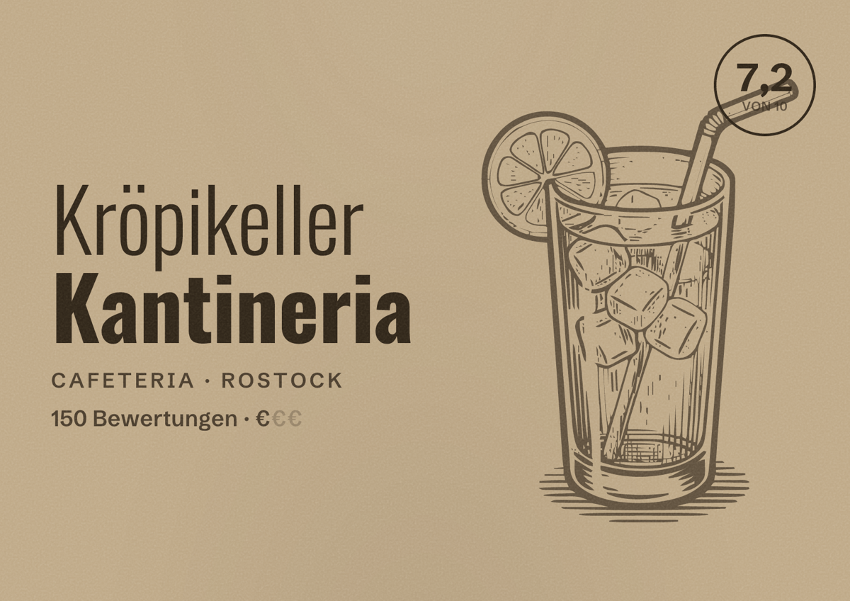 Illustriertes Poster von Kröpikeller Kantineria, Cafeteria in Rostock: Bewertung 7,2 von 10 aus 150 Bewertungen, Preisniveau €