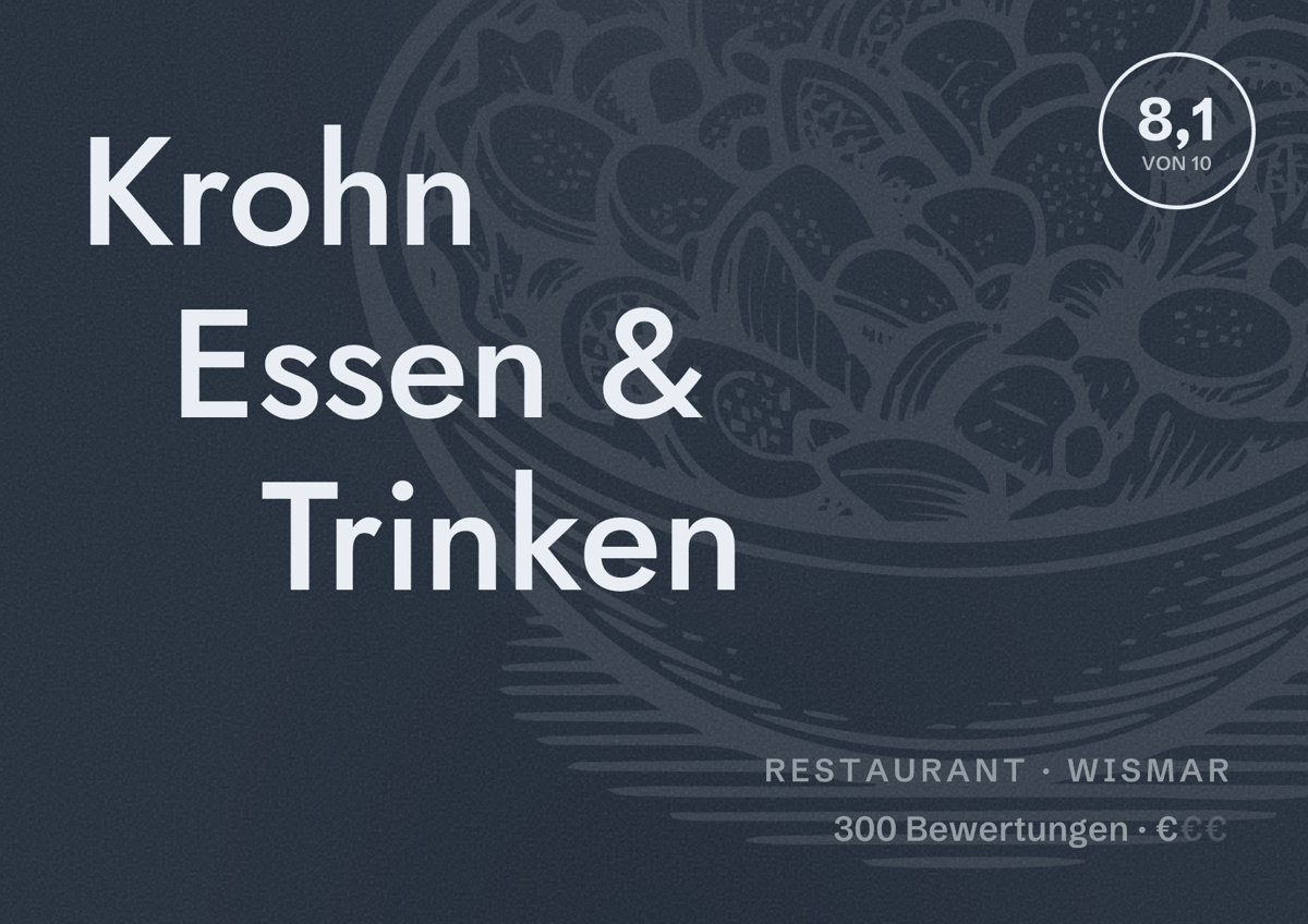 Illustriertes Poster von Krohn Essen & Trinken, Restaurant in Wismar: Bewertung 8,1 von 10 aus 300 Bewertungen, Preisniveau €
