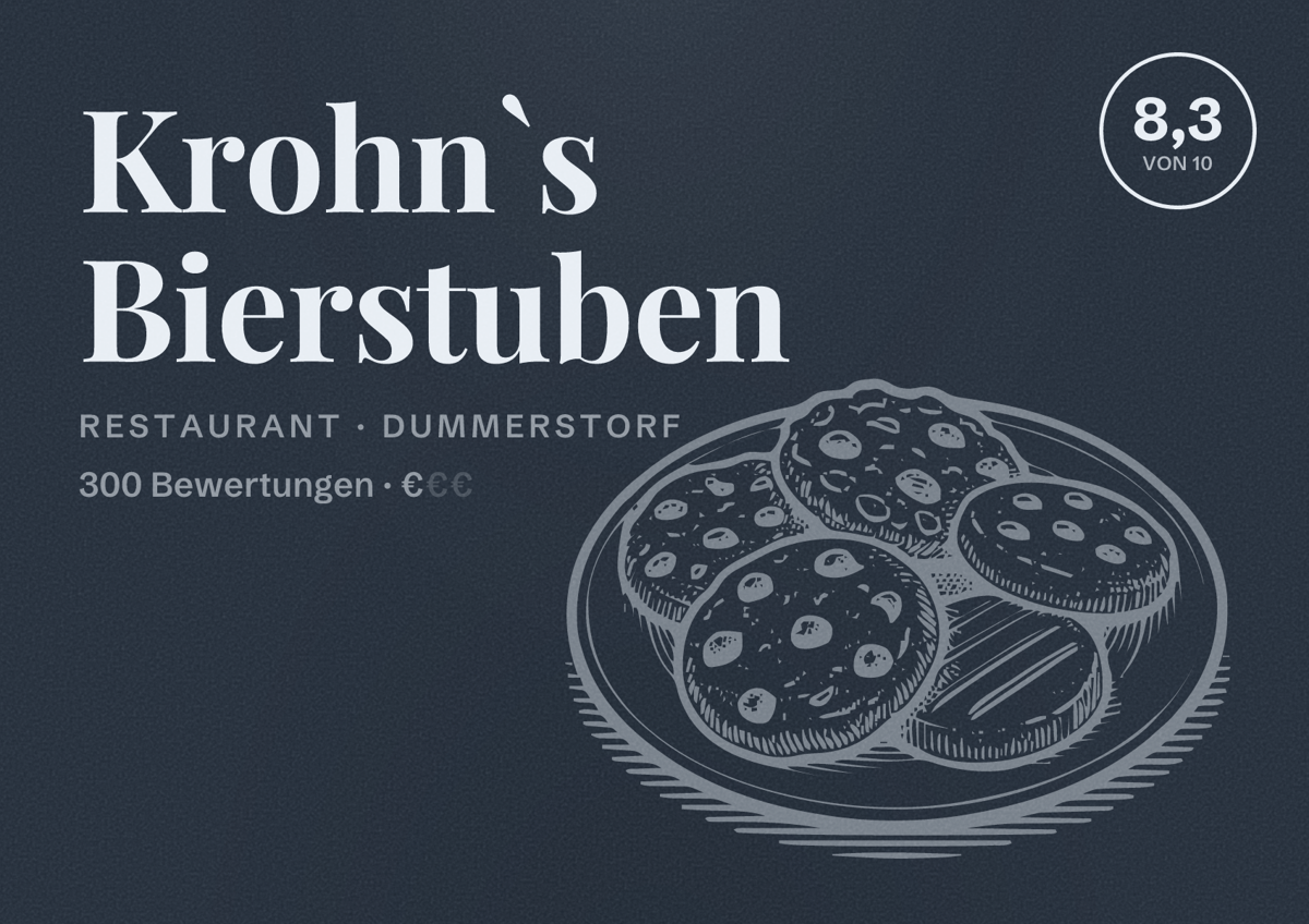 Illustriertes Poster von Krohn`s Bierstuben, Restaurant in Dummerstorf: Bewertung 8,3 von 10 aus 300 Bewertungen, Preisniveau €