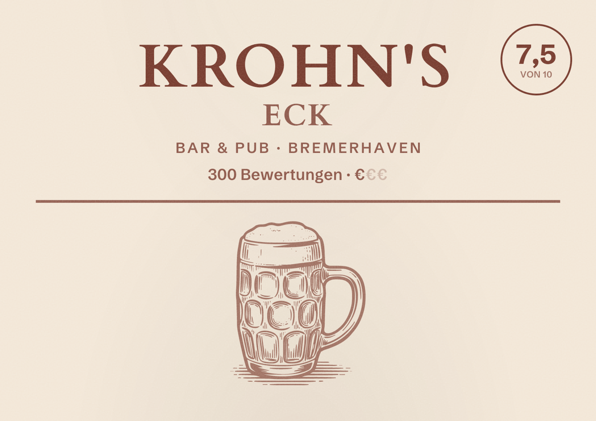 Illustriertes Poster von Krohn's Eck, Bar & Pub in Bremerhaven: Bewertung 7,5 von 10 aus 300 Bewertungen, Preisniveau €