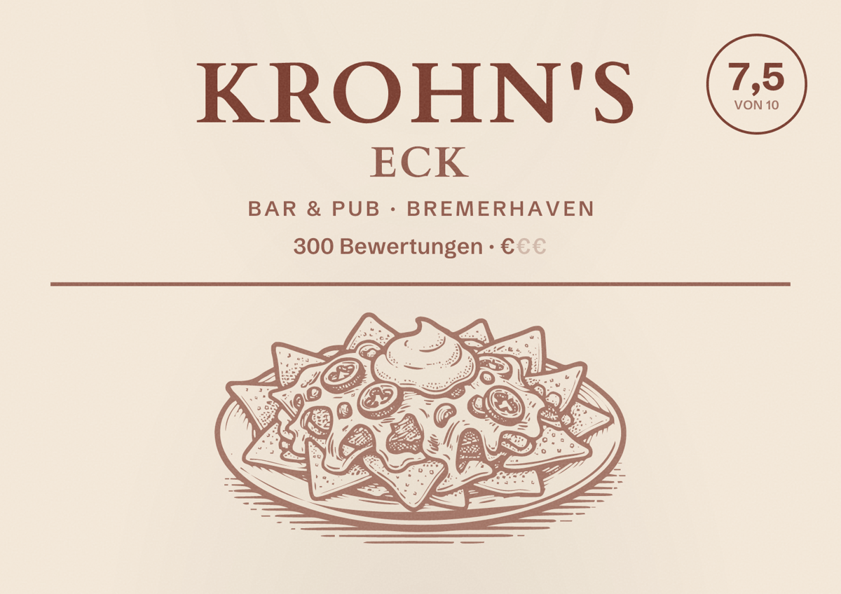 Illustriertes Poster von Krohn's Eck, Bar & Pub in Bremerhaven: Bewertung 7,5 von 10 aus 300 Bewertungen, Preisniveau €