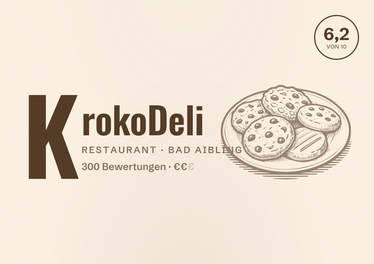 Illustriertes Poster von KrokoDeli, Restaurant in Bad Aibling: Bewertung 6,2 von 10 aus 300 Bewertungen, Preisniveau €€