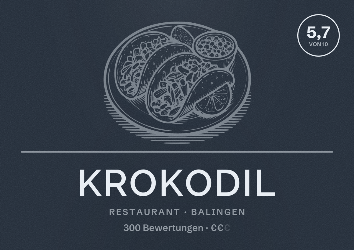 Illustriertes Poster von Krokodil, Restaurant in Balingen: Bewertung 5,7 von 10 aus 300 Bewertungen, Preisniveau €€