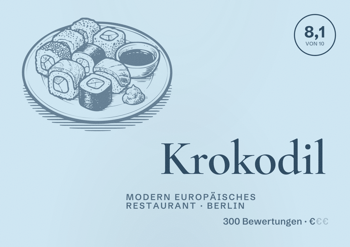 Illustriertes Poster von Krokodil, Modern europäisches Restaurant in Berlin: Bewertung 8,1 von 10 aus 300 Bewertungen, Preisniveau €