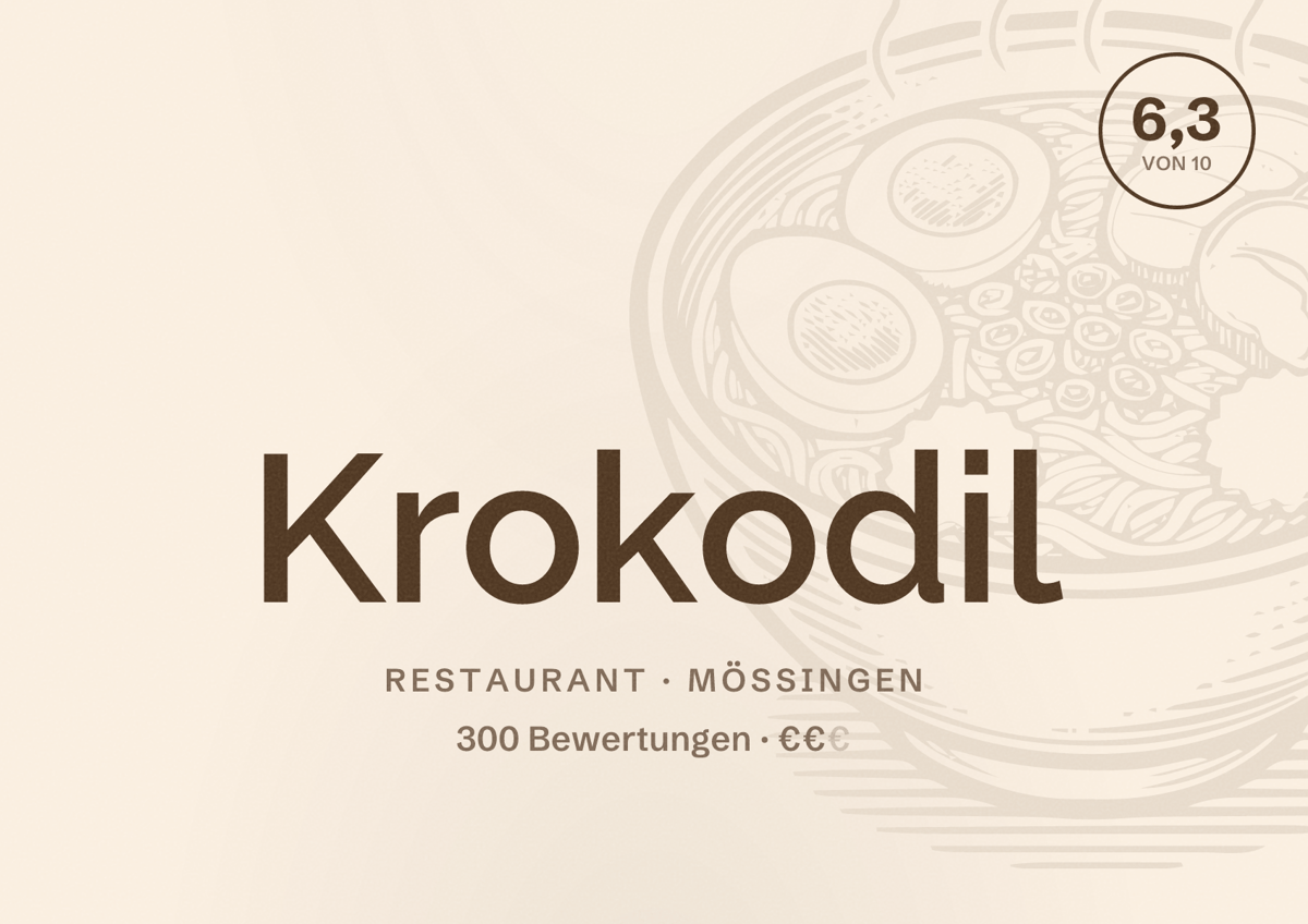 Illustriertes Poster von Krokodil, Restaurant in Mössingen: Bewertung 6,3 von 10 aus 300 Bewertungen, Preisniveau €€