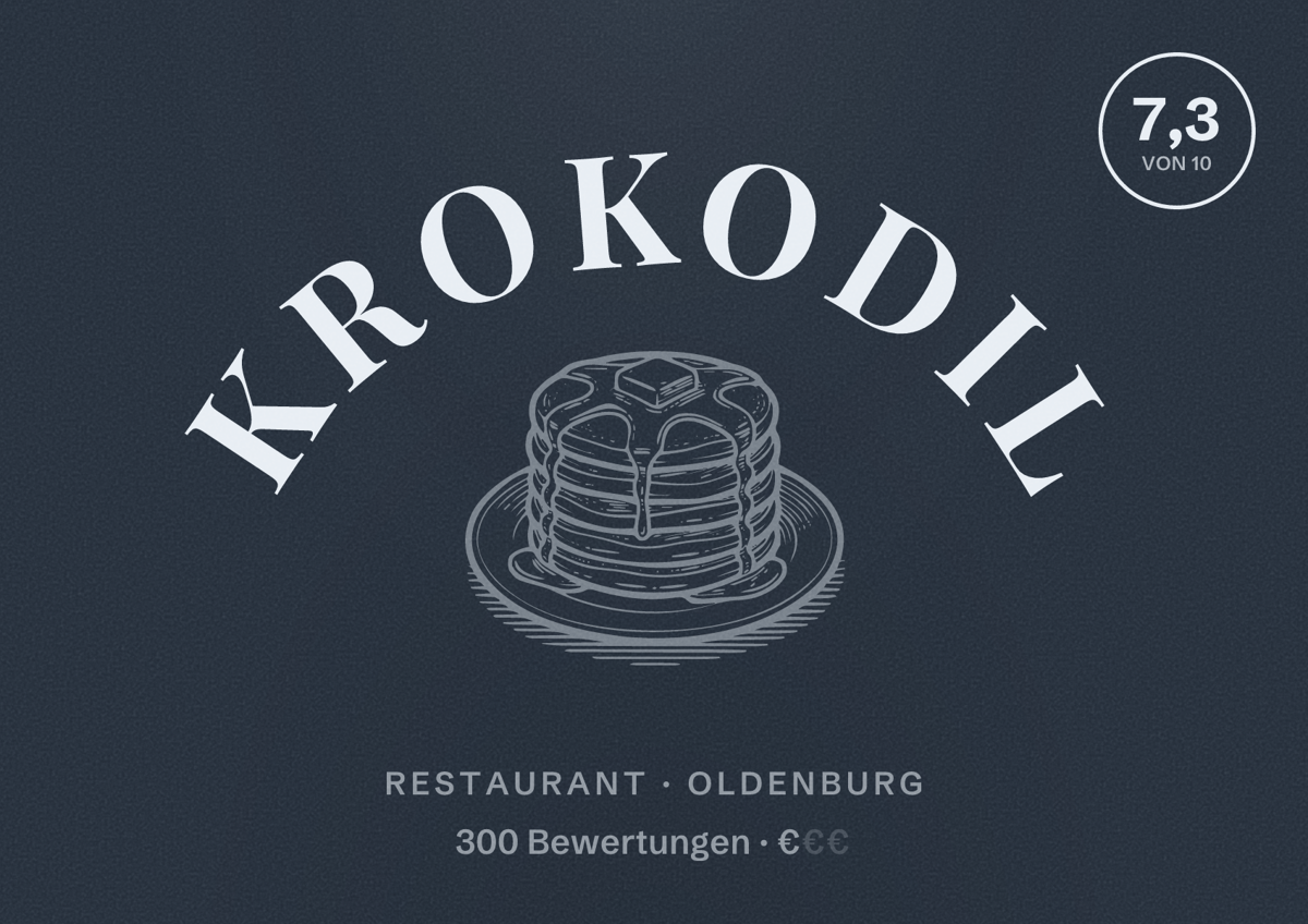 Illustriertes Poster von Krokodil, Restaurant in Oldenburg: Bewertung 7,3 von 10 aus 300 Bewertungen, Preisniveau €