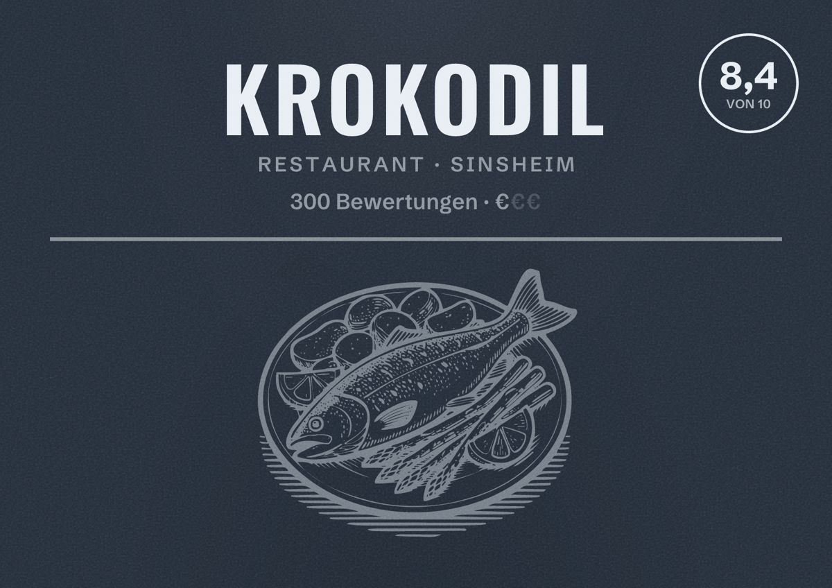 Illustriertes Poster von Krokodil, Restaurant in Sinsheim: Bewertung 8,4 von 10 aus 300 Bewertungen, Preisniveau €