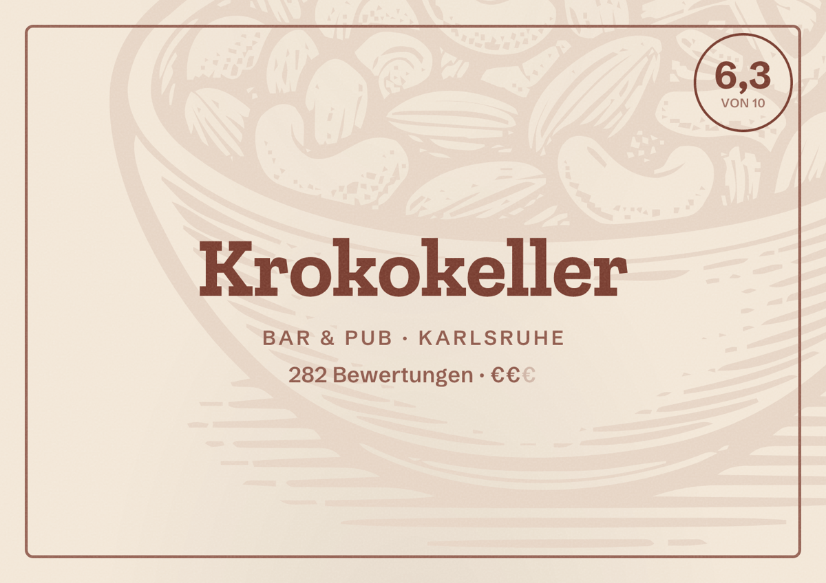 Illustriertes Poster von Krokokeller, Bar & Pub in Karlsruhe: Bewertung 6,3 von 10 aus 282 Bewertungen, Preisniveau €€