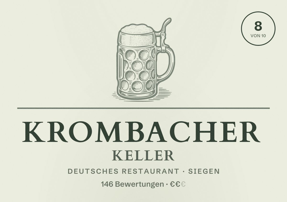 Illustriertes Poster von Krombacher Keller, Deutsches Restaurant in Siegen: Bewertung 8 von 10 aus 146 Bewertungen, Preisniveau €€
