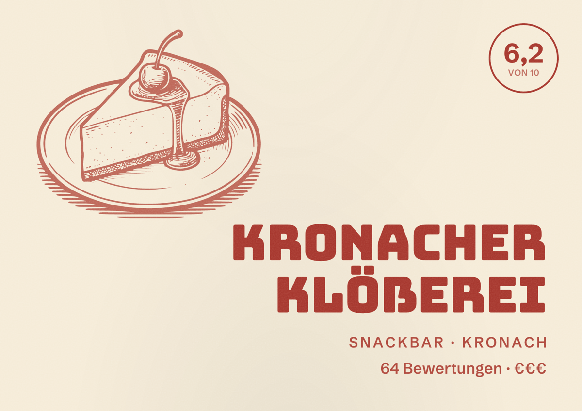 Illustriertes Poster von Kronacher Klößerei, Snackbar in Kronach: Bewertung 6,2 von 10 aus 64 Bewertungen, Preisniveau €€€