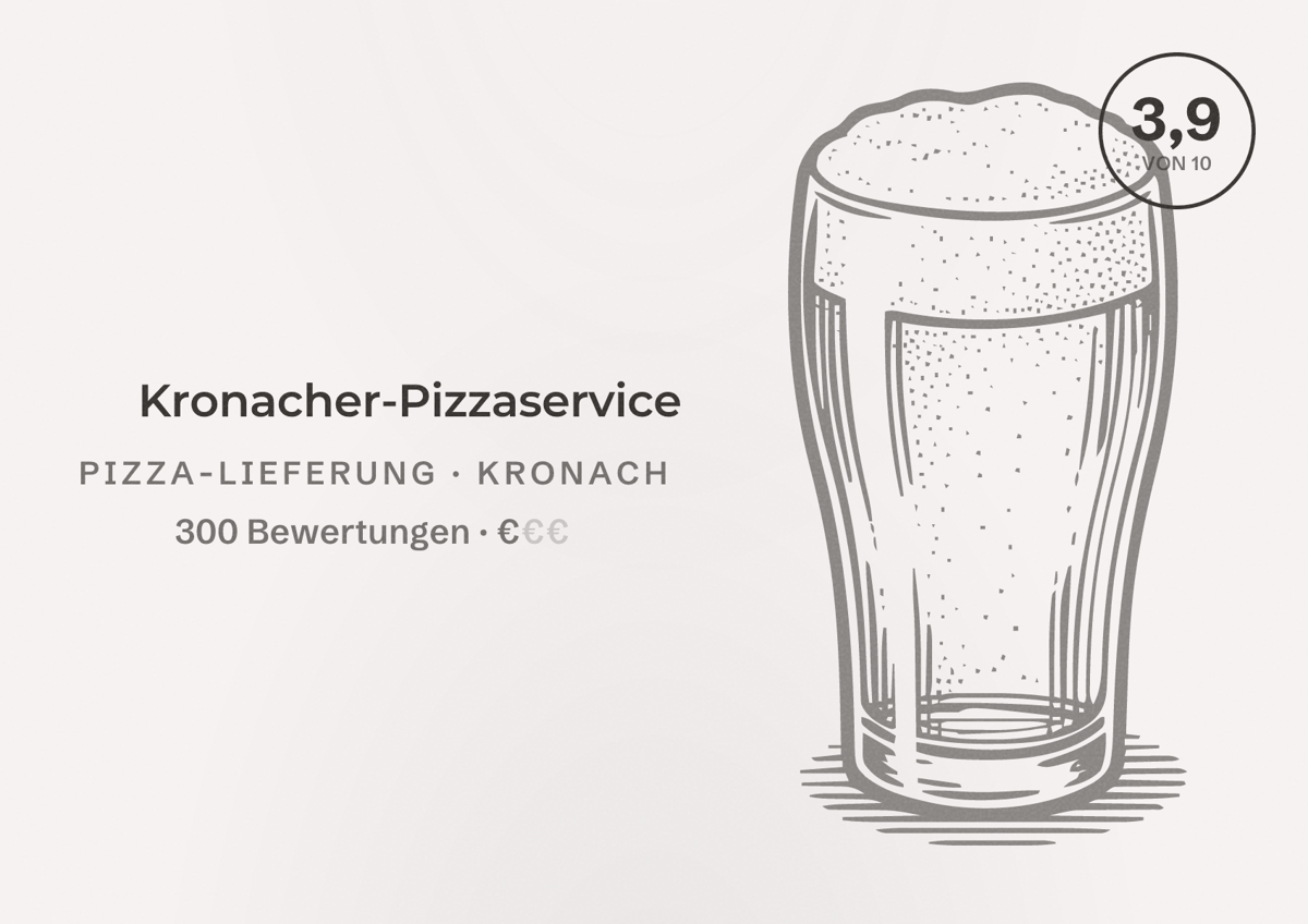 Illustriertes Poster von Kronacher-Pizzaservice, Pizza-Lieferung in Kronach: Bewertung 3,9 von 10 aus 300 Bewertungen, Preisniveau €