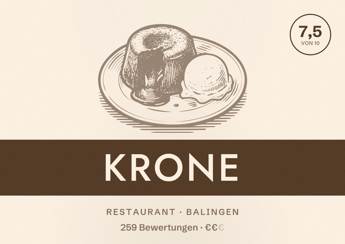 Illustriertes Poster von Krone, Restaurant in Balingen: Bewertung 7,5 von 10 aus 259 Bewertungen, Preisniveau €€