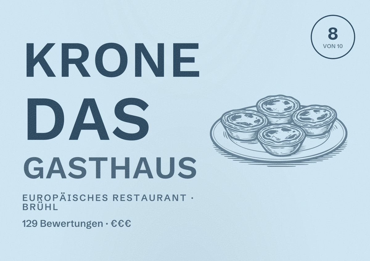 Illustriertes Poster von Krone das Gasthaus, Europäisches Restaurant in Brühl: Bewertung 8 von 10 aus 129 Bewertungen, Preisniveau €€€