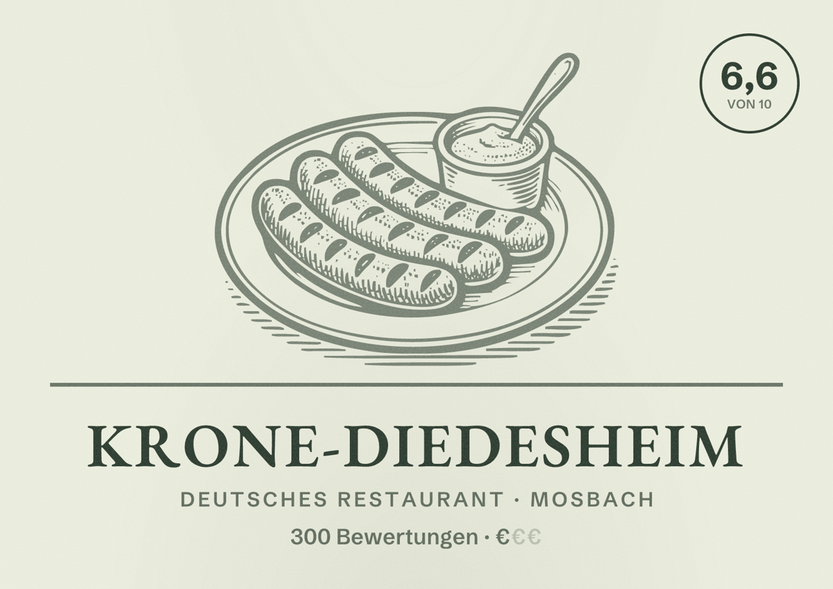 Illustriertes Poster von Krone-Diedesheim, Deutsches Restaurant in Mosbach: Bewertung 6,6 von 10 aus 300 Bewertungen, Preisniveau €