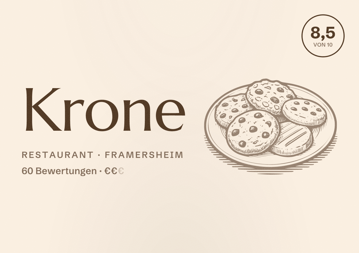 Illustriertes Poster von Krone, Restaurant in Framersheim: Bewertung 8,5 von 10 aus 60 Bewertungen, Preisniveau €€