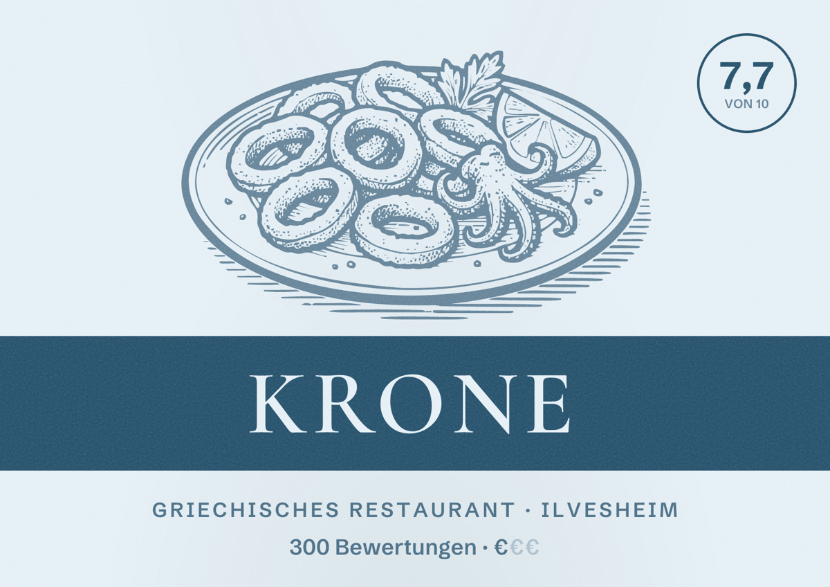 Illustriertes Poster von Krone, Griechisches Restaurant in Ilvesheim: Bewertung 7,7 von 10 aus 300 Bewertungen, Preisniveau €