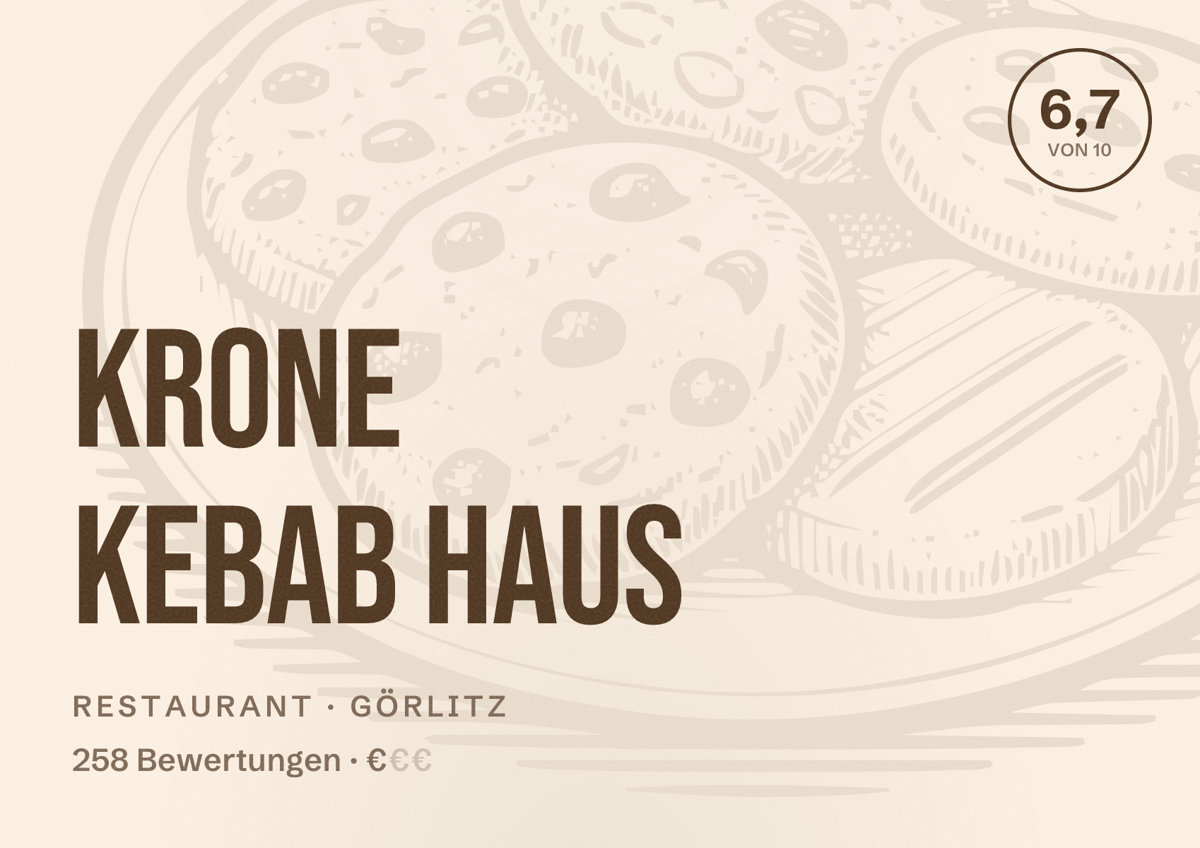 Illustriertes Poster von KRONE Kebab Haus, Restaurant in Görlitz: Bewertung 6,7 von 10 aus 258 Bewertungen, Preisniveau €