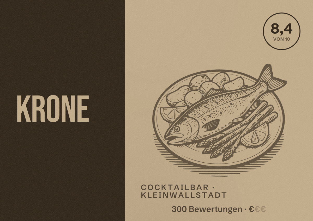 Illustriertes Poster von Krone, Cocktailbar in Kleinwallstadt: Bewertung 8,4 von 10 aus 300 Bewertungen, Preisniveau €