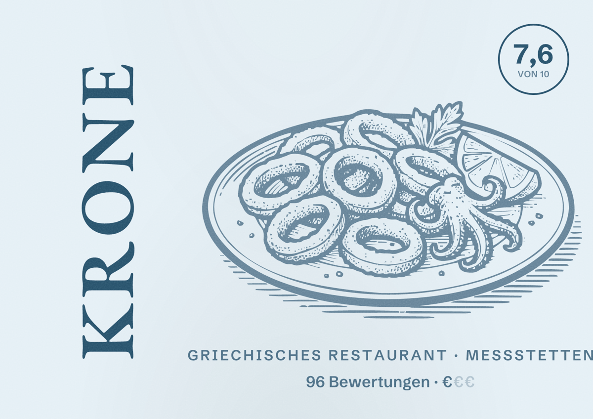 Illustriertes Poster von Krone, Griechisches Restaurant in Meßstetten: Bewertung 7,6 von 10 aus 96 Bewertungen, Preisniveau €