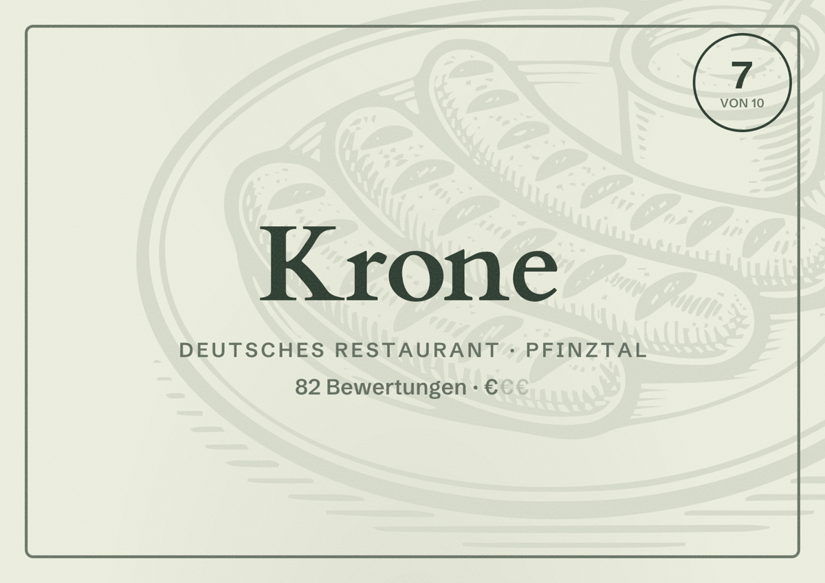 Illustriertes Poster von Krone, Deutsches Restaurant in Pfinztal: Bewertung 7 von 10 aus 82 Bewertungen, Preisniveau €