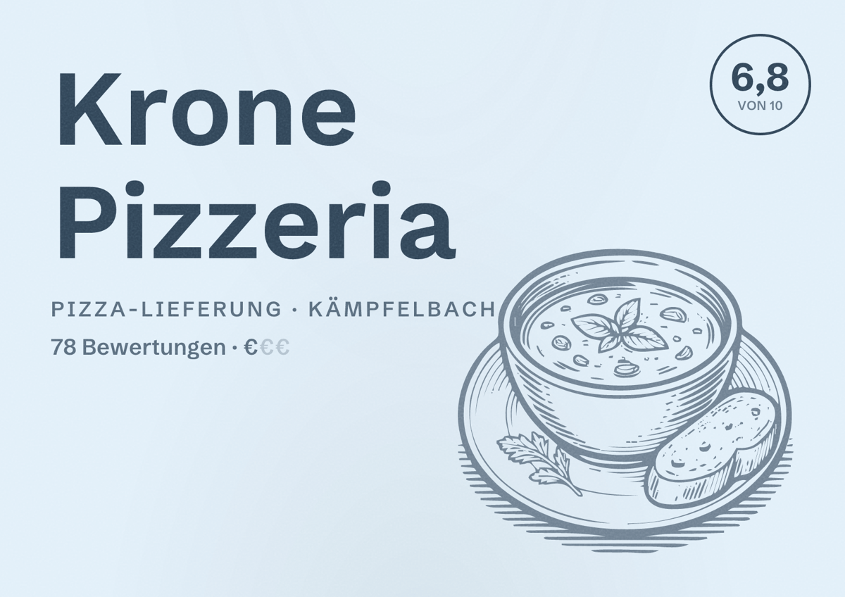 Illustriertes Poster von Krone Pizzeria, Pizza-Lieferung in Kämpfelbach: Bewertung 6,8 von 10 aus 78 Bewertungen, Preisniveau €