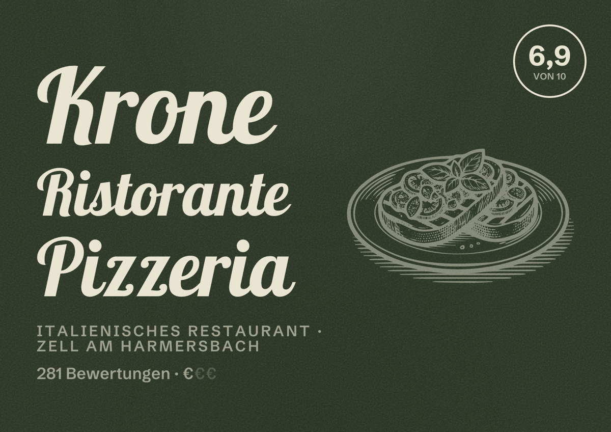Illustriertes Poster von Krone Ristorante Pizzeria, Italienisches Restaurant in Zell am Harmersbach: Bewertung 6,9 von 10 aus 281 Bewertungen, Preisniveau €