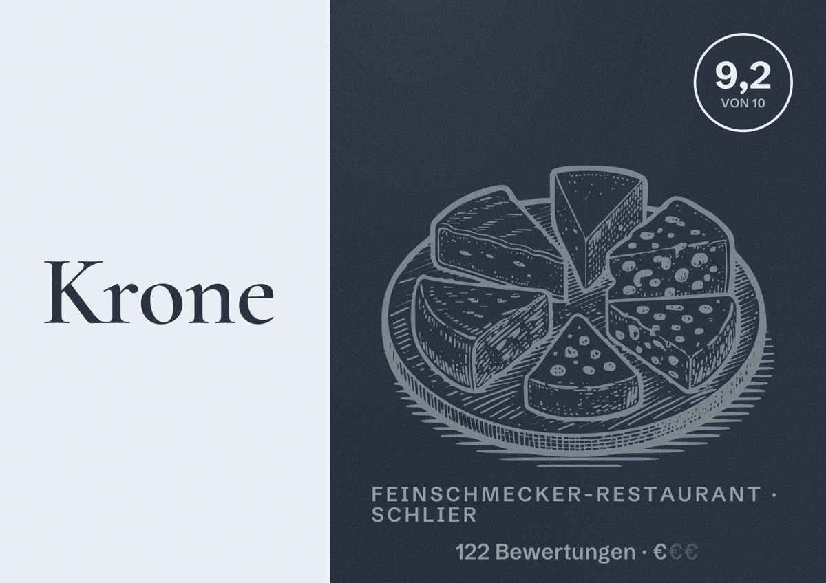 Illustriertes Poster von Krone, Feinschmecker-Restaurant in Schlier: Bewertung 9,2 von 10 aus 122 Bewertungen, Preisniveau €