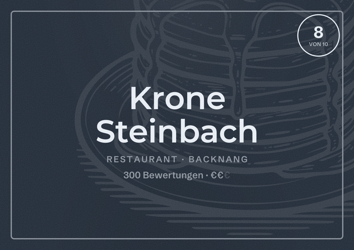 Illustriertes Poster von Krone Steinbach, Restaurant in Backnang: Bewertung 8 von 10 aus 300 Bewertungen, Preisniveau €€