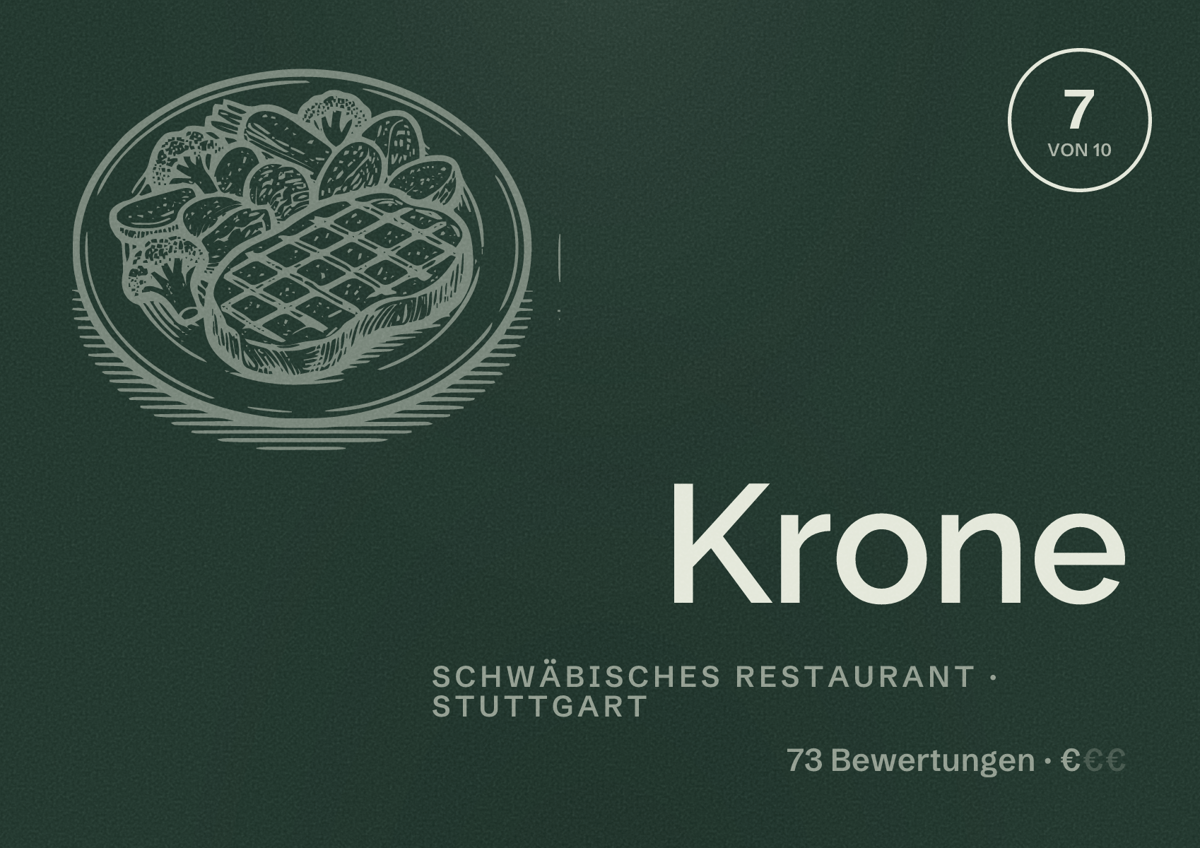 Illustriertes Poster von Krone, Schwäbisches Restaurant in Stuttgart: Bewertung 7 von 10 aus 73 Bewertungen, Preisniveau €