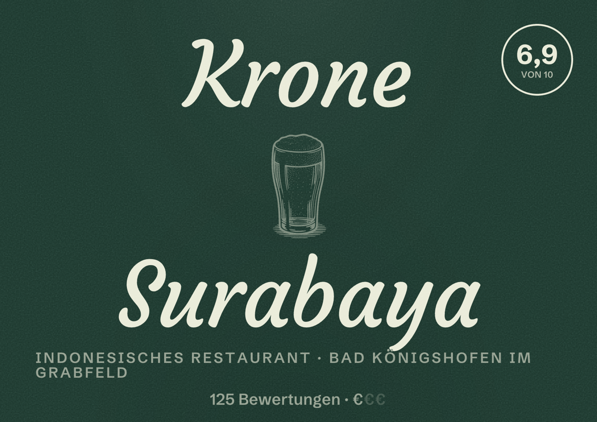Illustriertes Poster von Krone Surabaya, Indonesisches Restaurant in Bad Königshofen im Grabfeld: Bewertung 6,9 von 10 aus 125 Bewertungen, Preisniveau €