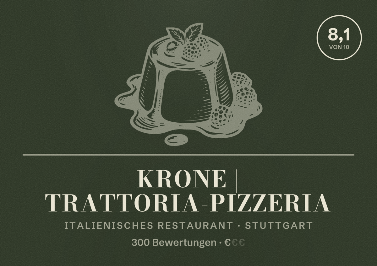 Illustriertes Poster von KRONE | Trattoria-Pizzeria, Italienisches Restaurant in Stuttgart: Bewertung 8,1 von 10 aus 300 Bewertungen, Preisniveau €