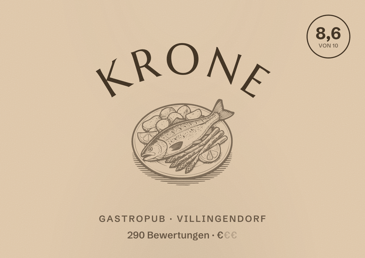 Illustriertes Poster von Krone, Gastropub in Villingendorf: Bewertung 8,6 von 10 aus 290 Bewertungen, Preisniveau €