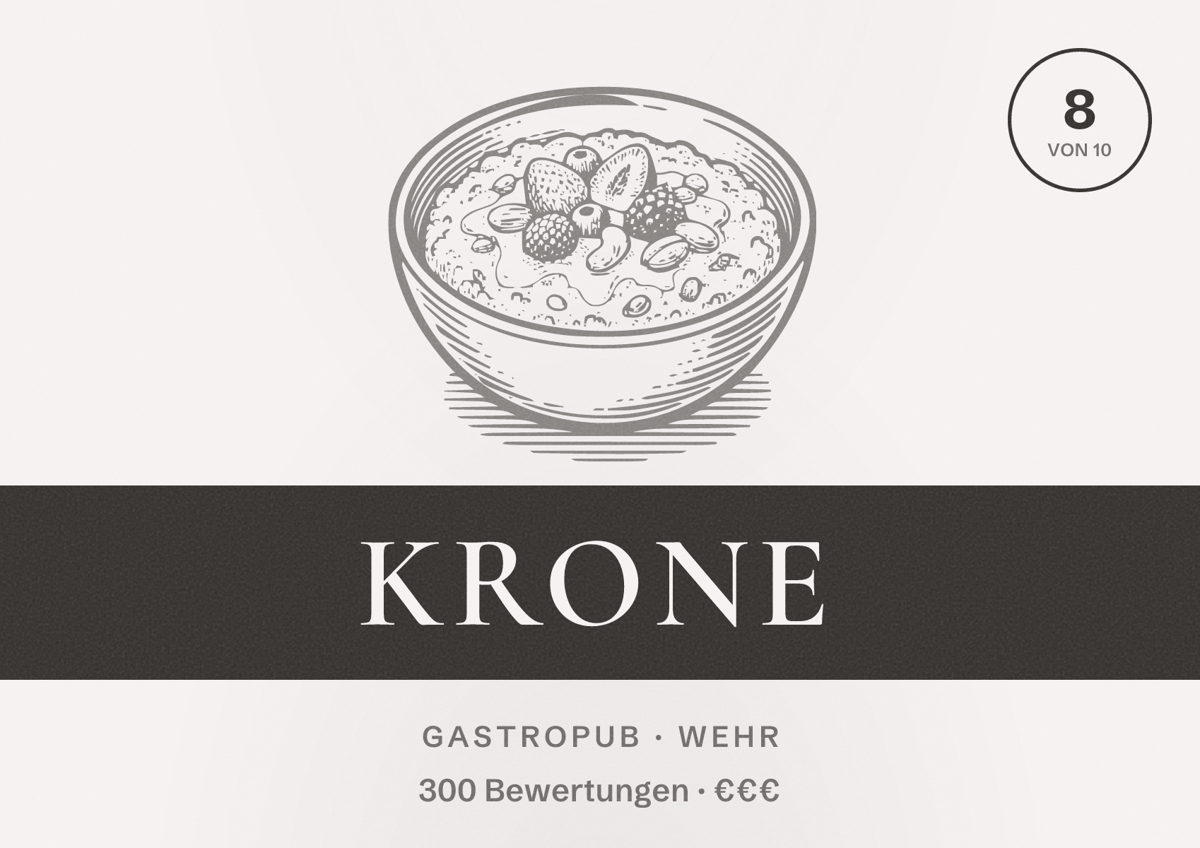 Illustriertes Poster von Krone, Gastropub in Wehr: Bewertung 8 von 10 aus 300 Bewertungen, Preisniveau €€€