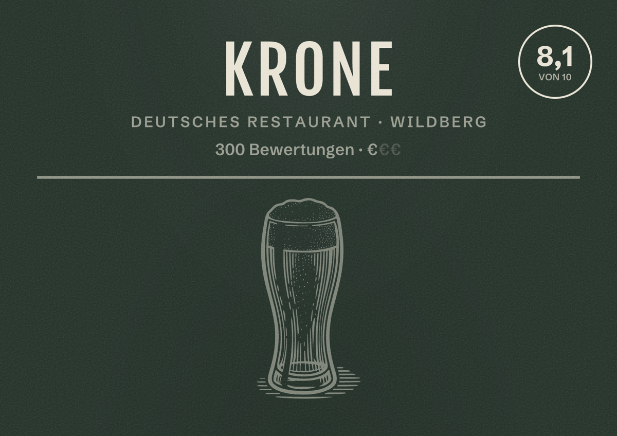 Illustriertes Poster von Krone, Deutsches Restaurant in Wildberg: Bewertung 8,1 von 10 aus 300 Bewertungen, Preisniveau €
