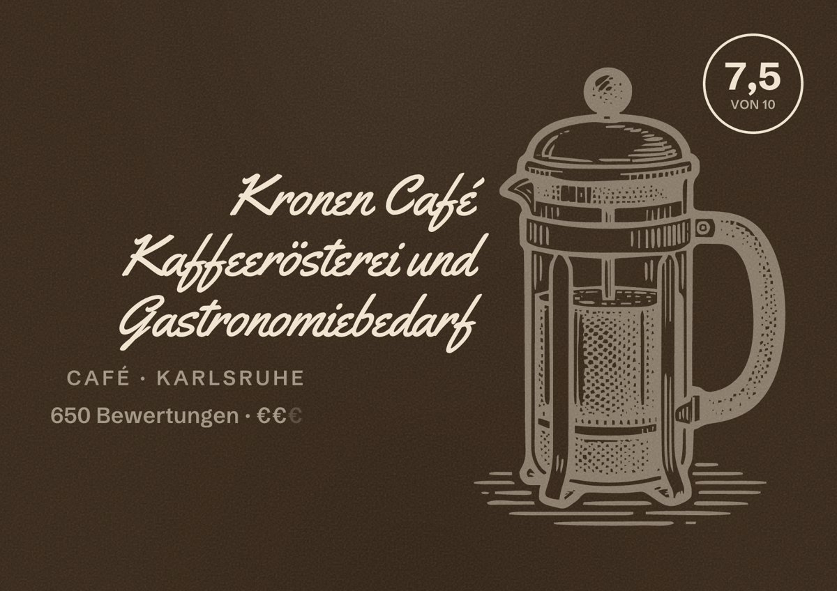 Illustriertes Poster von Kronen Café Kaffeerösterei und Gastronomiebedarf, Café in Karlsruhe: Bewertung 7,5 von 10 aus 650 Bewertungen, Preisniveau €€