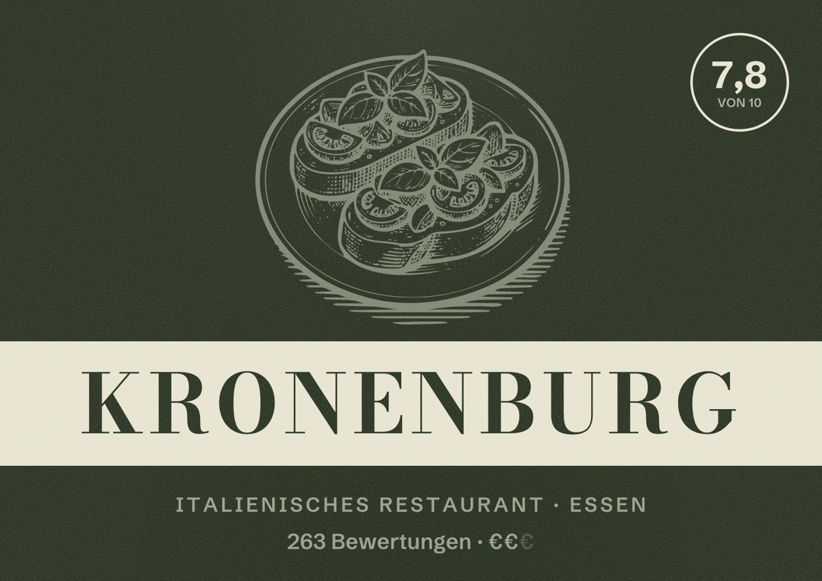 Illustriertes Poster von Kronenburg, Italienisches Restaurant in Essen: Bewertung 7,8 von 10 aus 263 Bewertungen, Preisniveau €€