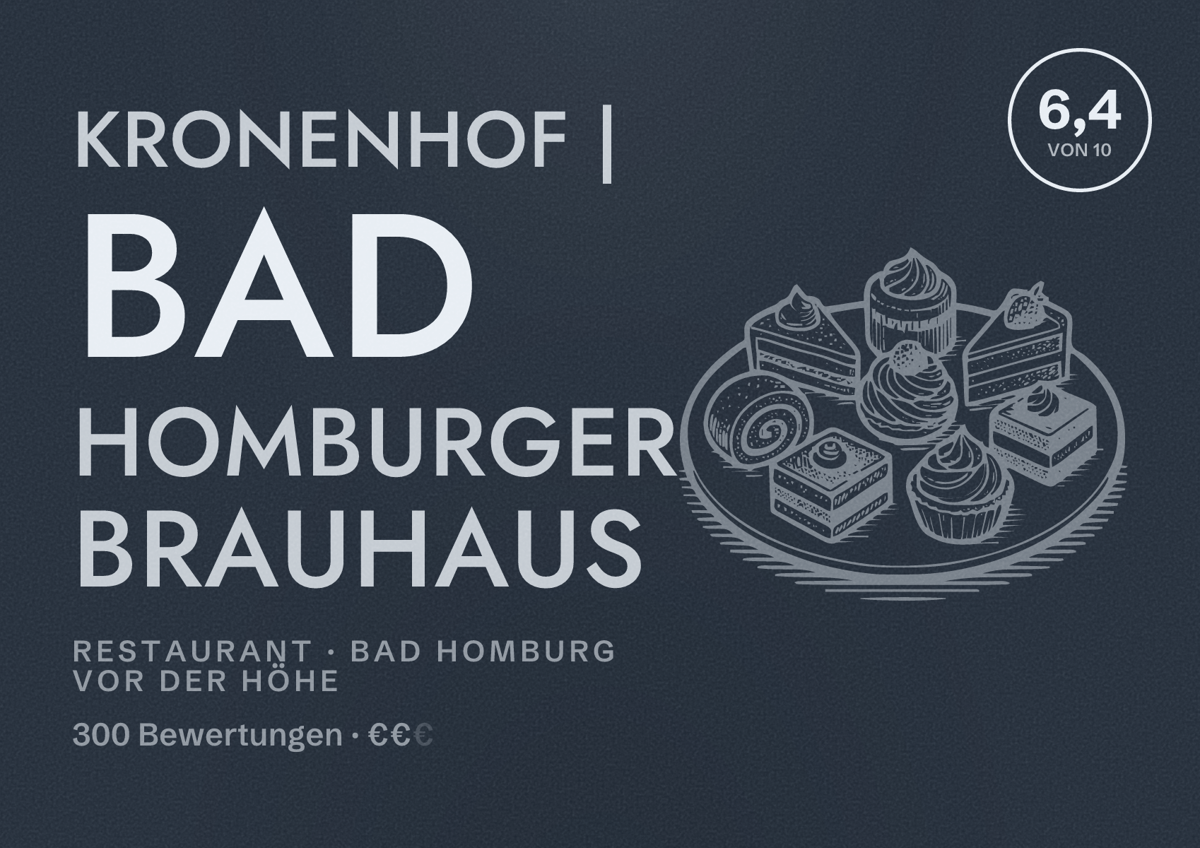 Illustriertes Poster von Kronenhof | Bad Homburger Brauhaus, Restaurant in Bad Homburg vor der Höhe: Bewertung 6,4 von 10 aus 300 Bewertungen, Preisniveau €€