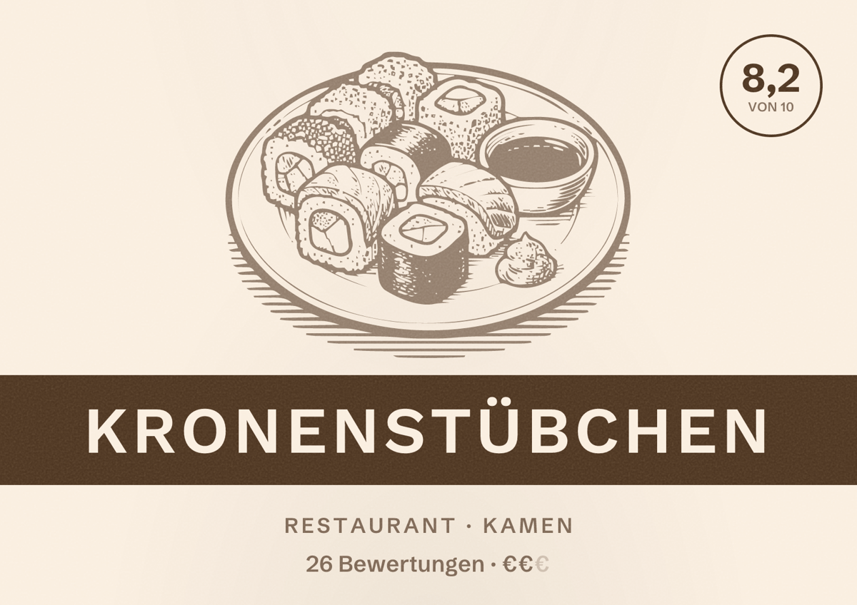 Illustriertes Poster von Kronenstübchen, Restaurant in Kamen: Bewertung 8,2 von 10 aus 26 Bewertungen, Preisniveau €€