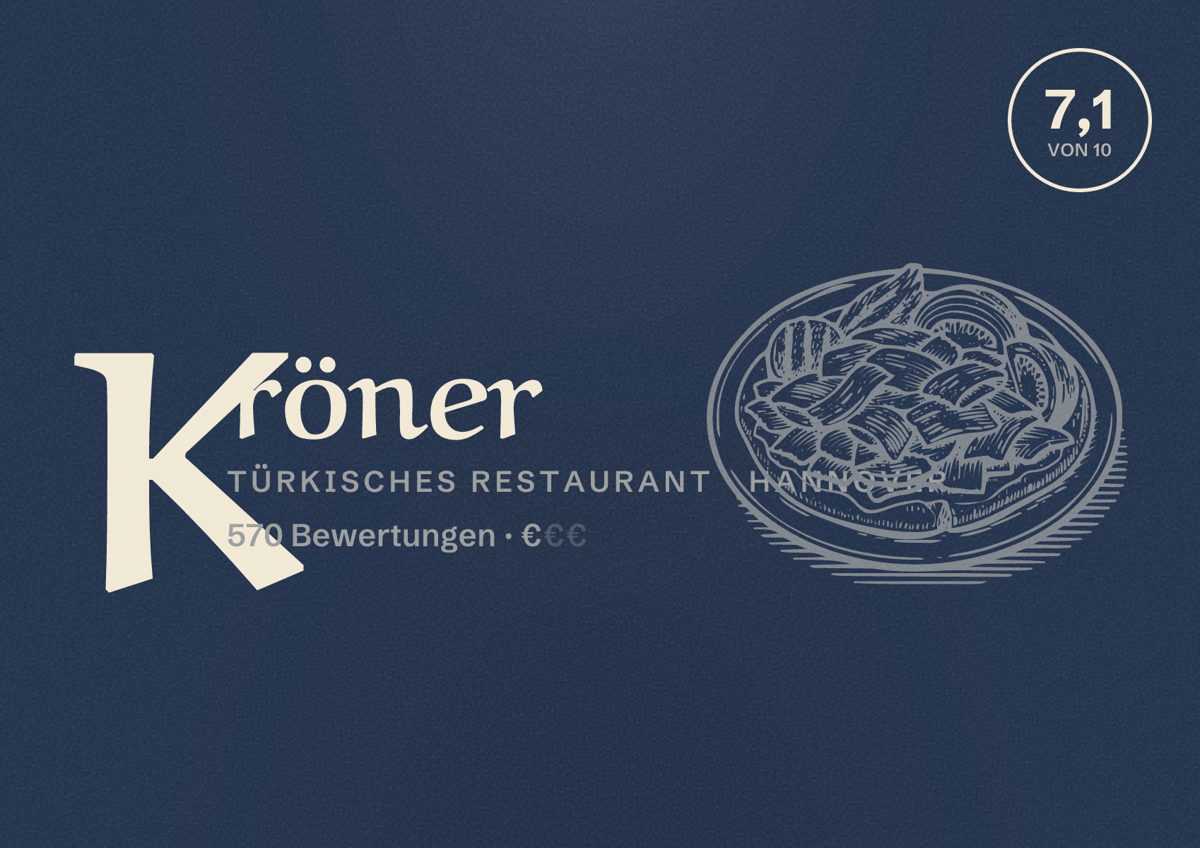 Illustriertes Poster von Kröner, Türkisches Restaurant in Hannover: Bewertung 7,1 von 10 aus 570 Bewertungen, Preisniveau €