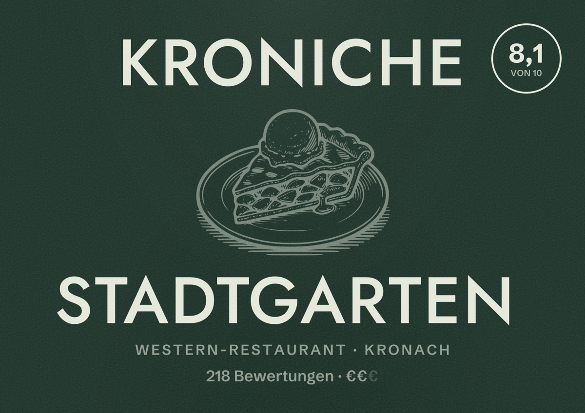 Illustriertes Poster von Kroniche Stadtgarten, Western-Restaurant in Kronach: Bewertung 8,1 von 10 aus 218 Bewertungen, Preisniveau €€