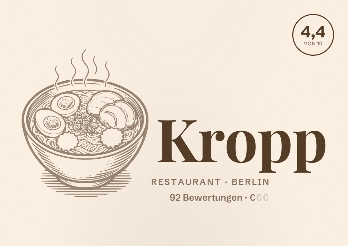 Illustriertes Poster von Kropp, Restaurant in Berlin: Bewertung 4,4 von 10 aus 92 Bewertungen, Preisniveau €