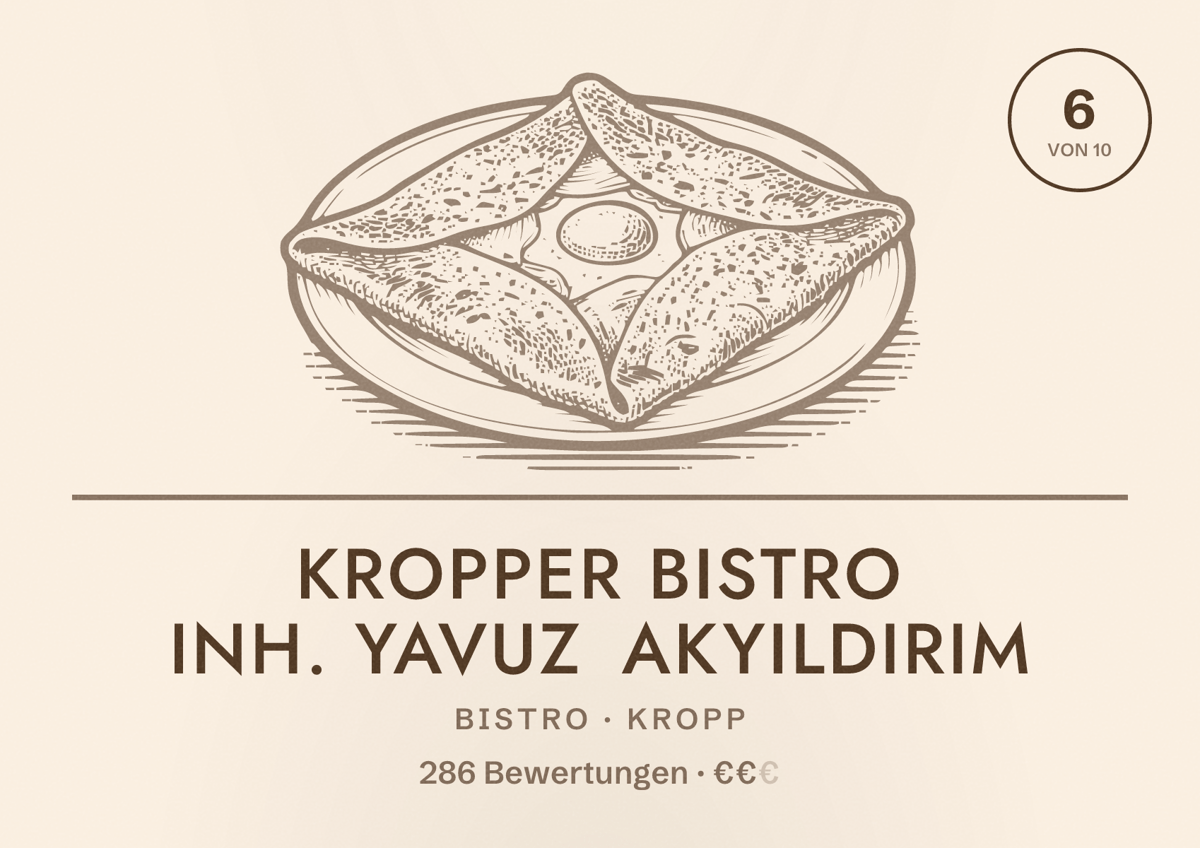 Illustriertes Poster von Kropper Bistro Inh. Yavuz Akyildirim, Bistro in Kropp: Bewertung 6 von 10 aus 286 Bewertungen, Preisniveau €€