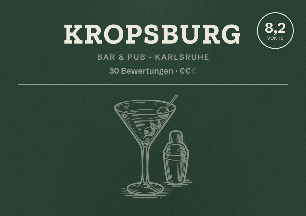 Illustriertes Poster von Kropsburg, Bar & Pub in Karlsruhe: Bewertung 8,2 von 10 aus 30 Bewertungen, Preisniveau €€