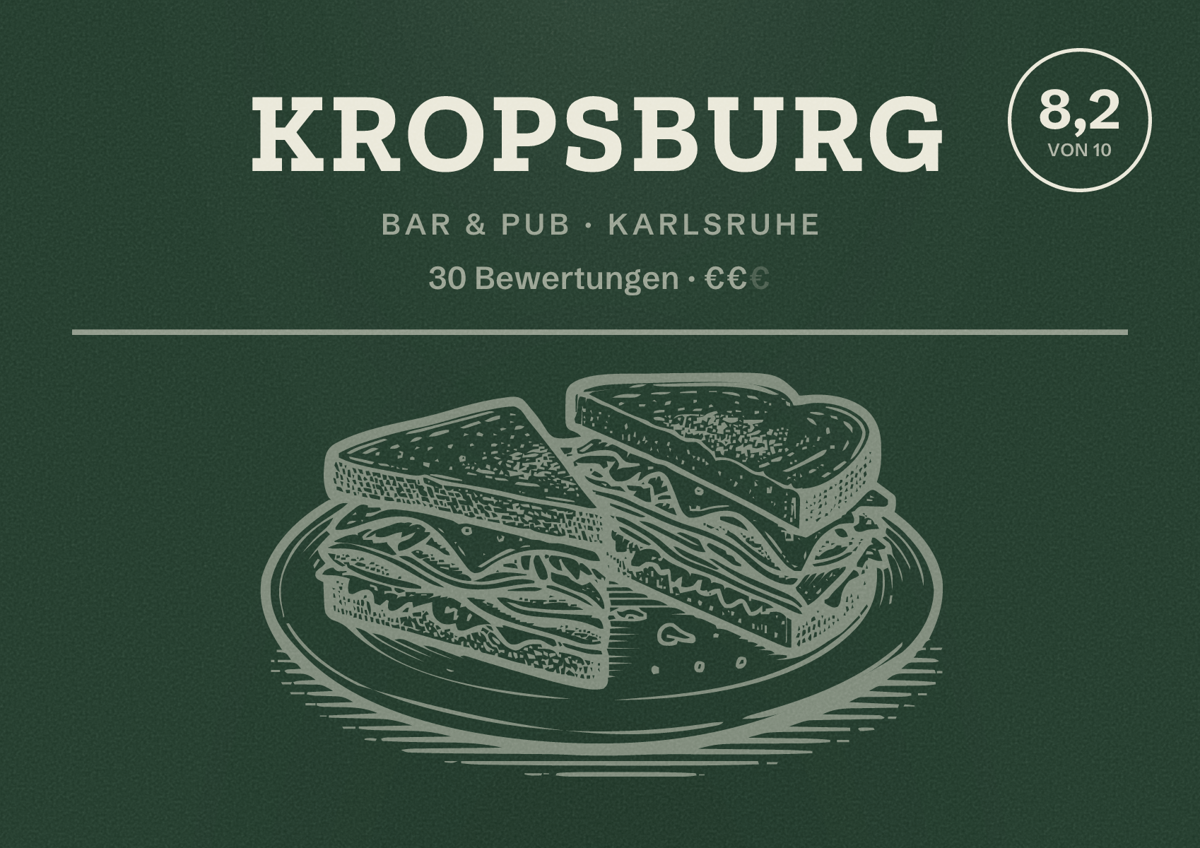 Illustriertes Poster von Kropsburg, Bar & Pub in Karlsruhe: Bewertung 8,2 von 10 aus 30 Bewertungen, Preisniveau €€