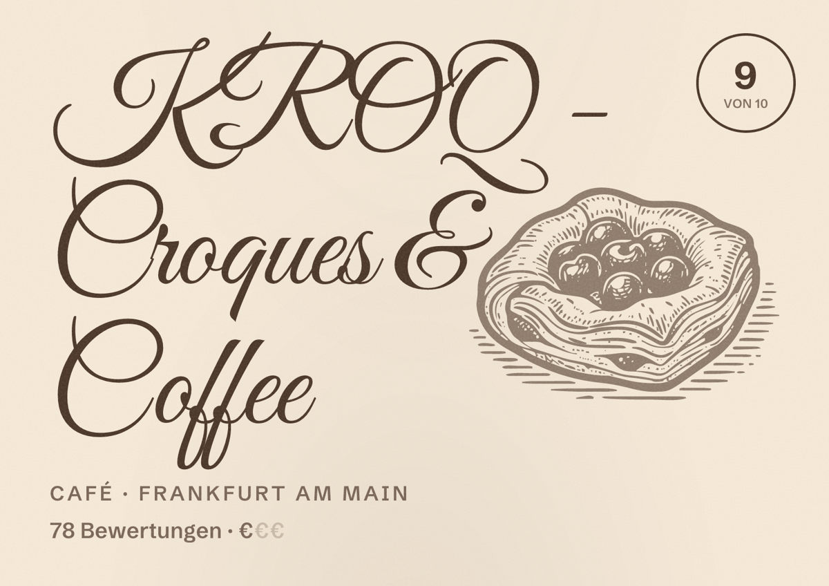 Illustriertes Poster von KROQ - Croques & Coffee, Café in Frankfurt am Main: Bewertung 9,0 von 10 aus 78 Bewertungen, Preisniveau €